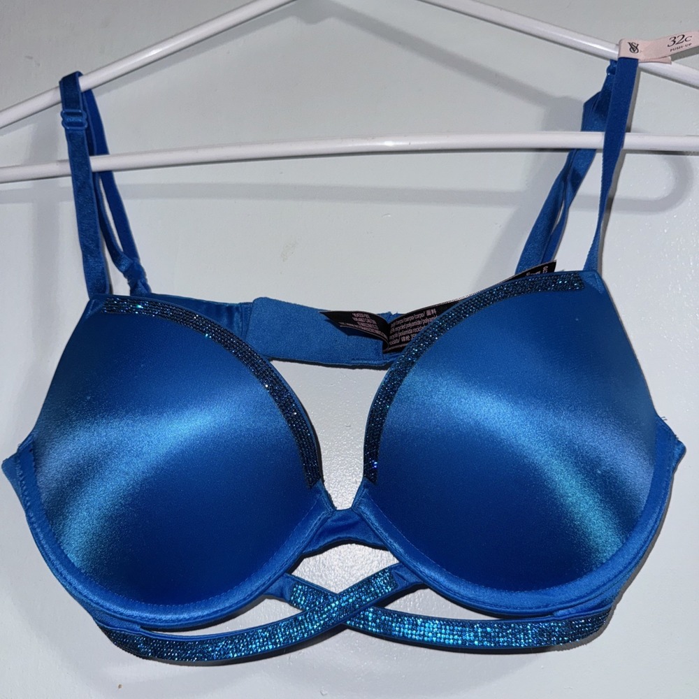 Victoria's Secret Very Sexy Push-Up 32C Blue Satin Rhinestones Bling Bra